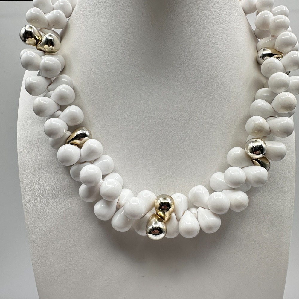 Vintage 80s White Teardrop Bead Necklace Gold Tone Accents Chunky Statement